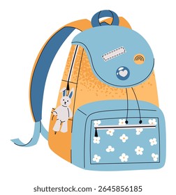 Blue Kids School Backpack with Cute Bunny Toy, Flat Style on White Background. Bag for Kindergarten, Preschool, Elementary. Back to School. Ideal for Children's Products, Educational Materials.