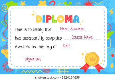 Modelo de diploma infantil Blue Kindergarten com imitação de selo de cera. Garoto parabenizando branco. Ilustração de vetor de estoque em estilo plano.