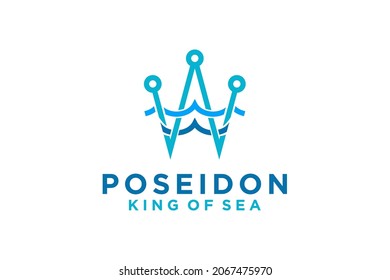 Blue King Crown And Water Sea Waves For Boat Ship Logo Design Poseidon Marine Maritime Navi