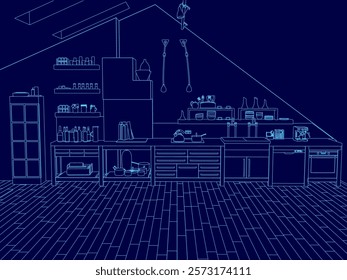 Blue kitchen with a lot of appliances and cabinets. The kitchen is empty and has a modern design