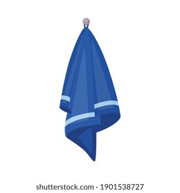 Blue kitchen or bath towel hanging on wall, flat vector illustration isolated on white background. Cartoon color icon or symbol of textile bathroom washcloth.