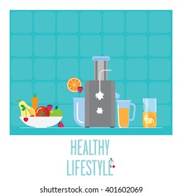 Blue kitchen: cool blender and some fruit and vegetables in the bowl: apple, carrot, berry, orange. It's a good base for the healthy lifestyle to make different  smoothies and fresh juices.
