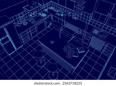 Blue kitchen with a counter and a sink. The kitchen is shown in a 3D format