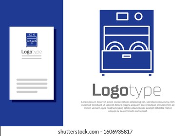 Blue Kitchen dishwasher machine icon isolated on white background. Logo design template element. Vector Illustration