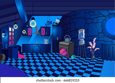 Blue kitchen interior night, contour vector illustration, background, panorama