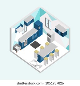 Blue Kitchen Isometric Home Interior Illustration Design