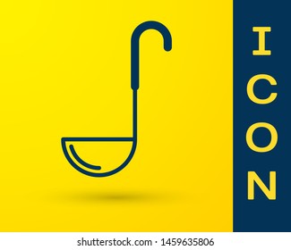 Blue Kitchen ladle icon isolated on yellow background. Cooking utensil. Cutlery spoon sign.  Vector Illustration