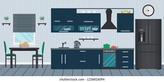 Blue kitchen with modern appliance, sink, furniture and dishes. Cooking devices. Table and chairs. Room interior. Home design. Flat vector illustration.