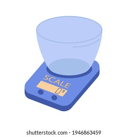 Escala de cocina azul aislada en un fondo blanco. Equilibrio electrónico para medir el peso de los productos. Equipo y equipo para cocinar. Ilustración vectorial plana
