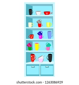 Blue kitchen set
with multi-colored cups. Wooden cupboard with fun crockery.