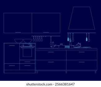 Blue kitchen with a stove, oven, and sink. The kitchen is very clean and organized