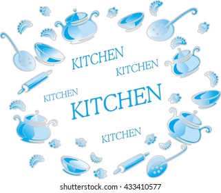Blue kitchen utensils and accessories on white background.
