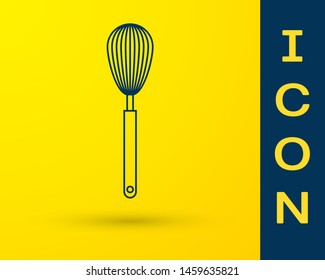 Blue Kitchen whisk icon isolated on yellow background. Cooking utensil, egg beater. Cutlery sign. Food mix symbol.  Vector Illustration