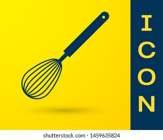 Blue Kitchen whisk icon isolated on yellow background. Cooking utensil, egg beater. Cutlery sign. Food mix symbol.  Vector Illustration