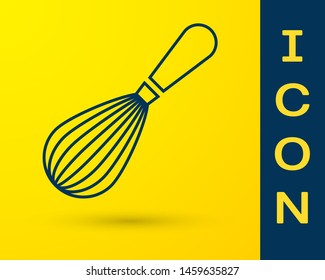 Blue Kitchen whisk icon isolated on yellow background. Cooking utensil, egg beater. Cutlery sign. Food mix symbol.  Vector Illustration