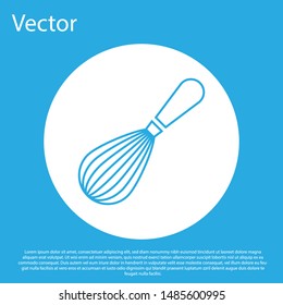 Blue Kitchen whisk icon isolated on blue background. Cooking utensil, egg beater. Cutlery sign. Food mix symbol. White circle button. Vector Illustration