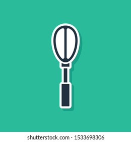 Blue Kitchen whisk icon isolated on green background. Cooking utensil, egg beater. Cutlery sign. Food mix symbol.  Vector Illustration