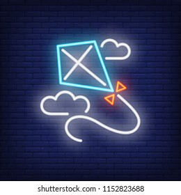 Blue kite flying in clouds neon sign. Kite with bow and string. Night bright advertisement. Vector illustration in neon style for toy and game