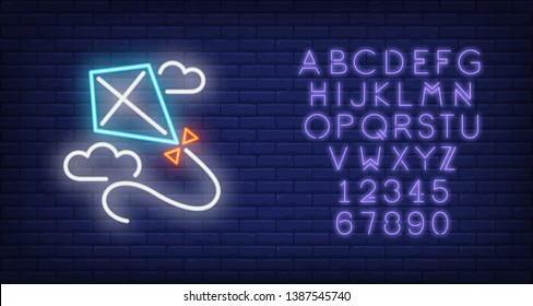 Blue kite flying in clouds neon sign. Kite with bow and string. Night bright advertisement. Vector illustration in neon style for toy and game