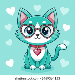 blue kitten weat eyes glasse heart around kitten