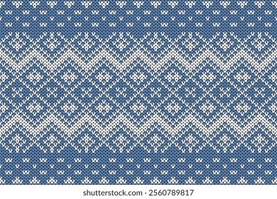 Blue knife print. Seamless Christmas pattern. Vector. Knitted sweater rhombus. Christmas winter geometric texture. Fair holiday traditional background. Festive crochet. Illustration of woolen pullover