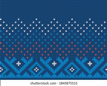 Blue knit print. Christmas seamless pattern. Vector. Knitted sweater ornament . Xmas winter geometric texture. Holiday fair isle traditional background. Festive crochet. Wool pullover illustration