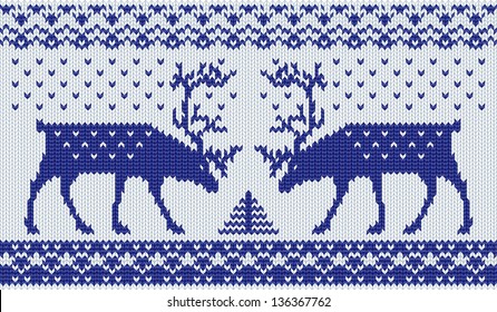 Blue knitted background with the deer