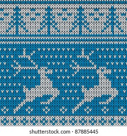 Blue knitted background with the deer. Vector illustration.