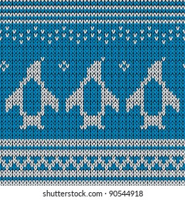 Blue knitted Background with penguins. Vector illustration.