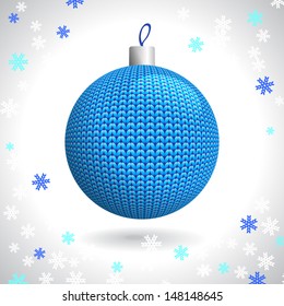Blue Knitted Christmas Ball on the Background of Snowflakes Knitted, Vector Illustration EPS10