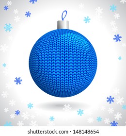 Blue Knitted Christmas Ball on the Background of Snowflakes Knitted, Vector Illustration EPS10