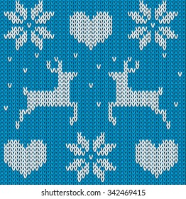Blue Knitted deer sweater in Norwegian style. Knitted Scandinavian ornament. Vector seamless Christmas sweater pattern.