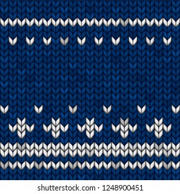 Blue knitted fabric with white ornaments. Realistic illustration.