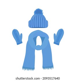 Blauer gestrickter Hut mit Pampelmuse, Schal und Fausthandschuhen einzeln auf weißem Hintergrund. Vektorgrafik.