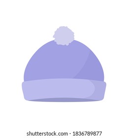 Blue knitted hat with pompon. Winter clothes. Isolated vector illustration