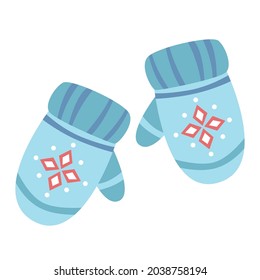 Blue knitted mittens flat style clip art. Isolated vector.