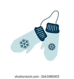 Mitones de punto azul con patrón de copo de nieve. Guantes de invierno lindos, acogedores y cálidos. Ilustración vectorial en estilo doodle y flat. Elemento dibujado a mano de ropa de invierno tejida aislada en blanco. Arte lindo 