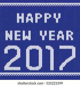 Blue knitted New Year background. Happy New Year 2017 card. Vector illustration.