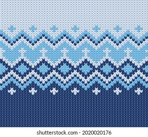 Blue knitted pattern for sweater, nordic winter background vector illustration with texture of woolen fabric