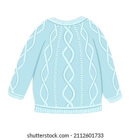 Blue knitted pullover, sweater, jacket vector illustration, isolated on white background.