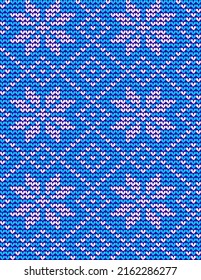 Blue knitted scandinavian snowflakes seamless pattern background. You see 6 tiles here.
