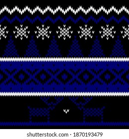 Blaues Strickmuster mit nahtlosen Mustern mit weißen Schneeflocken, Weihnachtsbäumen, Pulloverzierungen und Hirsch auf schwarzem Hintergrund. 