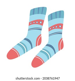Blue knitted socks flat style. Isolated vector illustration.