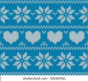 Blue Knitted stars and hearts sweater in Norwegian style. Knitted Scandinavian ornament.  Vector seamless Christmas sweater pattern.