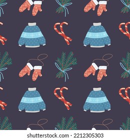 blue knitted sweater with a pattern, a spruce bouquet, mittens and a candy cane. vector seamless pattern on blue background