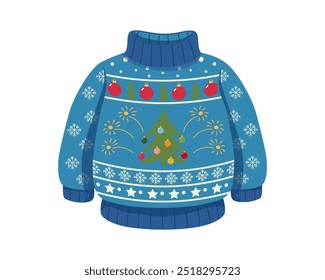 Blue knitted warm sweater with ornament and decorated Christmas tree. Outfit for Christmas ugly sweater party. Suitable for winter holiday design.