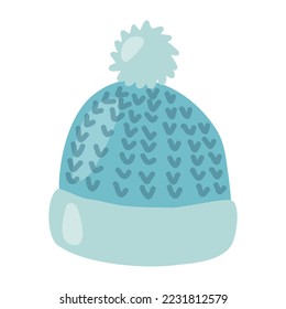 Blue knitted winter hat with pompom, flat vector