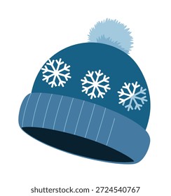 Chapéu de inverno de malha azul com flocos de neve brancos e pompom pompom
