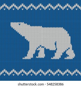 Blue knitted winter blue seamless pattern with polar bear . Fashionable northern ornament. All elements separate and editable. Vector background