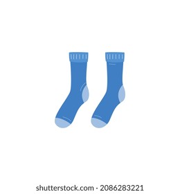 Blue knitted wool socks pair cartoon icon or symbol, flat vector illustration isolated on white background. Winter warm clothing element for foot heating.